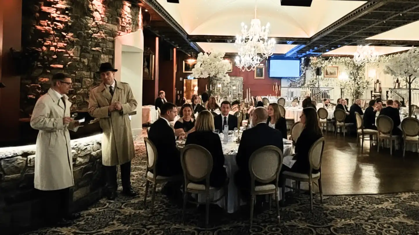 Corporate murder mystery team building in Ireland with live actor detective investigating staged crime scene