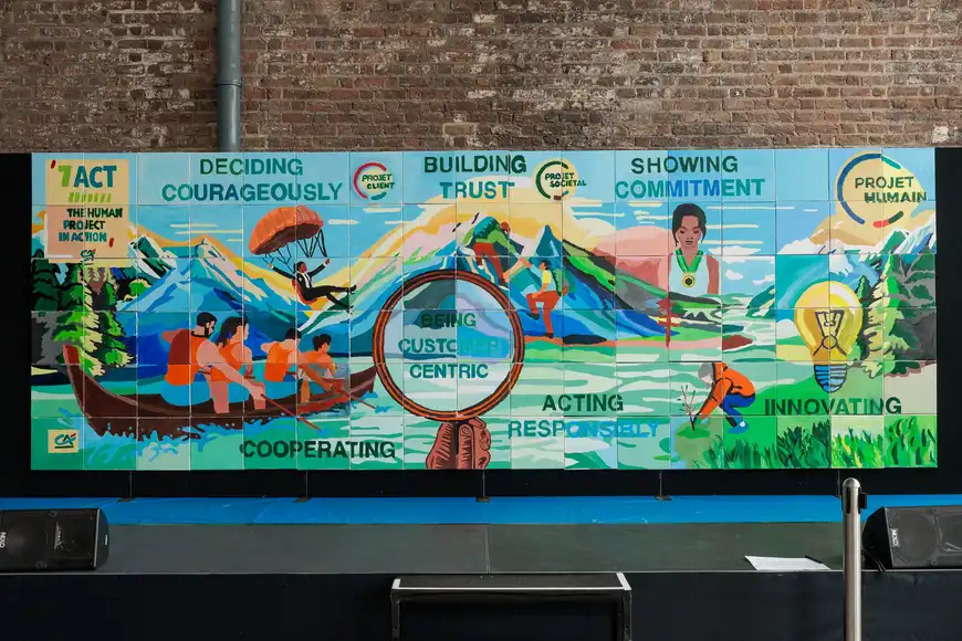 Finished team mural from executive team building event in Ireland highlighting leadership values of trust, commitment, and innovation.