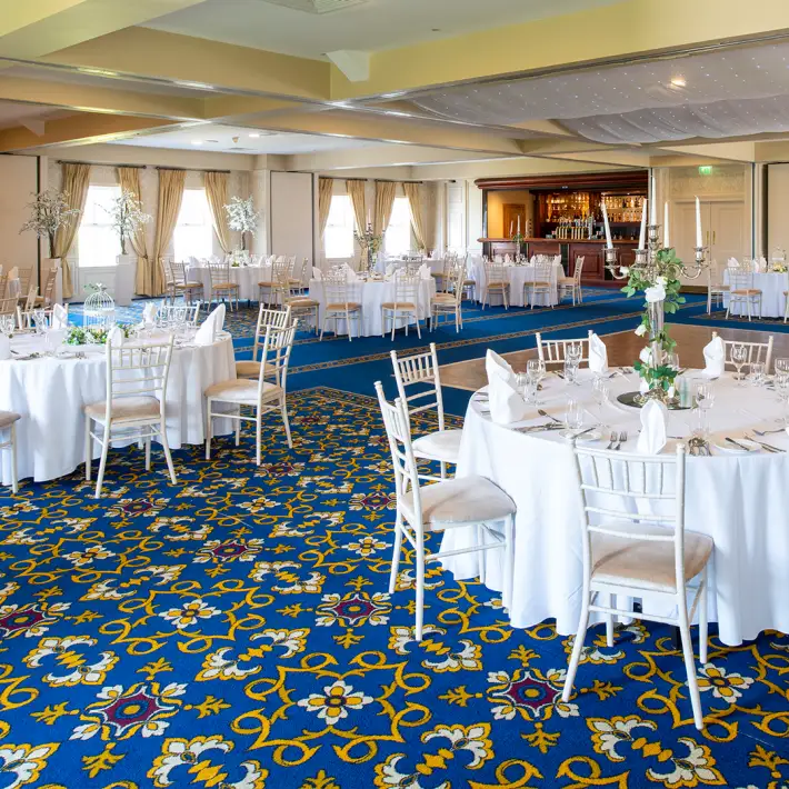 Banqueting suite prepared for a corporate gala dinner at Roganstown Hotel & Country Club