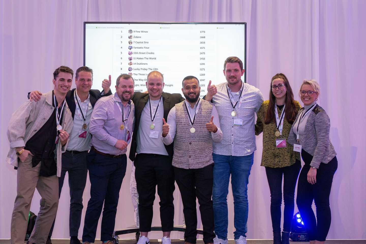 Corporate quiz winners posing with medals in front of live team scoreboard during team building event in Ireland