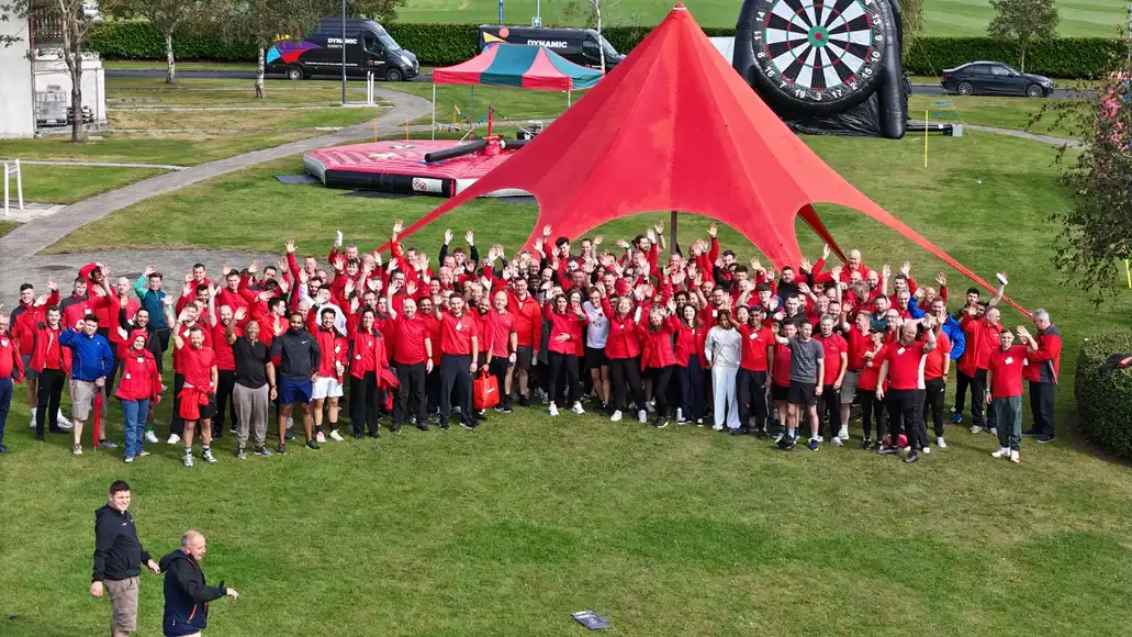 outdoor group photo at team building activity in johnstown estate meath ireland