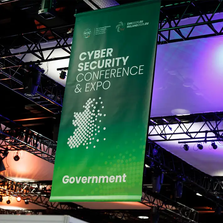 Green NCSC Cyber Security Conference & Expo signage identifying the government exhibition area at The Convention Centre Dublin.