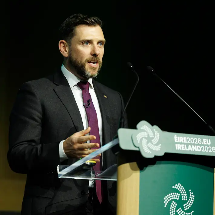 Male speaker addressing delegates from a podium during the NCSC Cyber Security Conference at The Convention Centre Dublin.