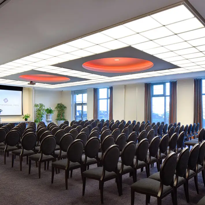 Behind look at the conference set up with chair