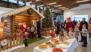 Corporate Christmas family day event in Ireland with Santa’s grotto, decorated Christmas tree, chocolate fountain dessert table, and families enjoying festive activities organised by Dynamic Events.