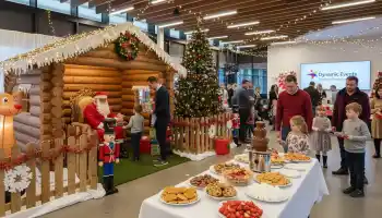 Corporate Christmas family day event in Ireland with Santa’s grotto, decorated Christmas tree, chocolate fountain dessert table, and families enjoying festive activities organised by Dynamic Events.