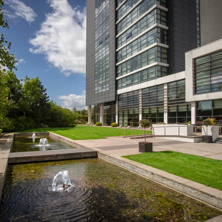 Landscaped gardens and fountains outside The Gateway Hotel Dundalk
