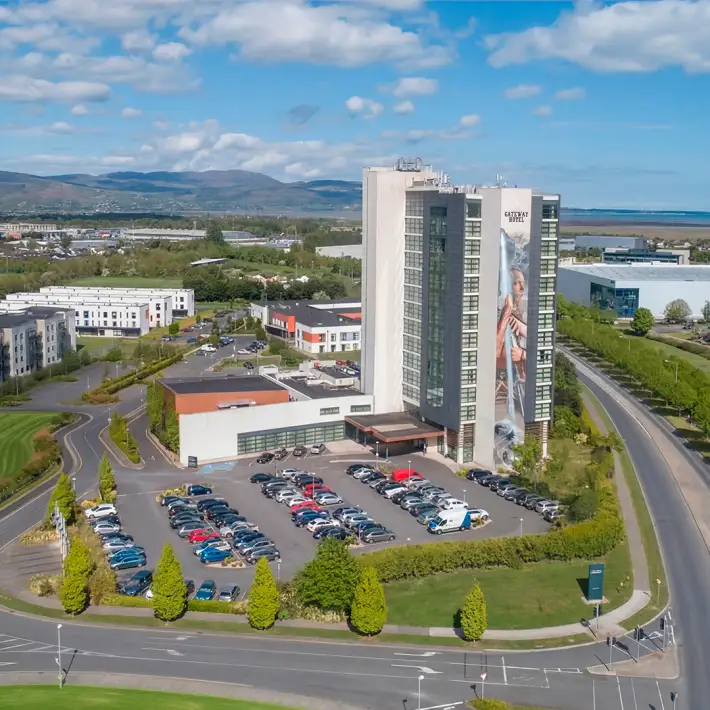 Aerial view of The Gateway Hotel Dundalk showing the hotel, car park and surrounding area