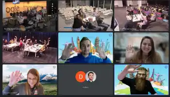 Multiple hybrid team locations on screen, with both remote participants and in-office groups waving and smiling.