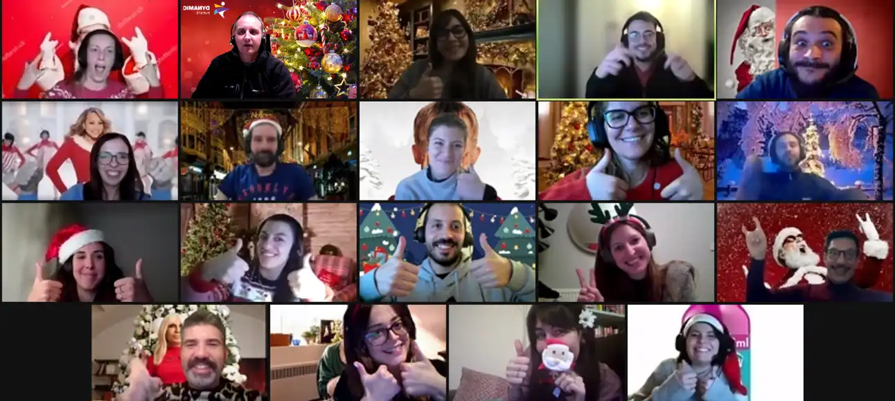 Virtual Christmas team building event with colleagues wearing festive jumpers, Santa hats, and Christmas backgrounds during an online holiday activity in Ireland