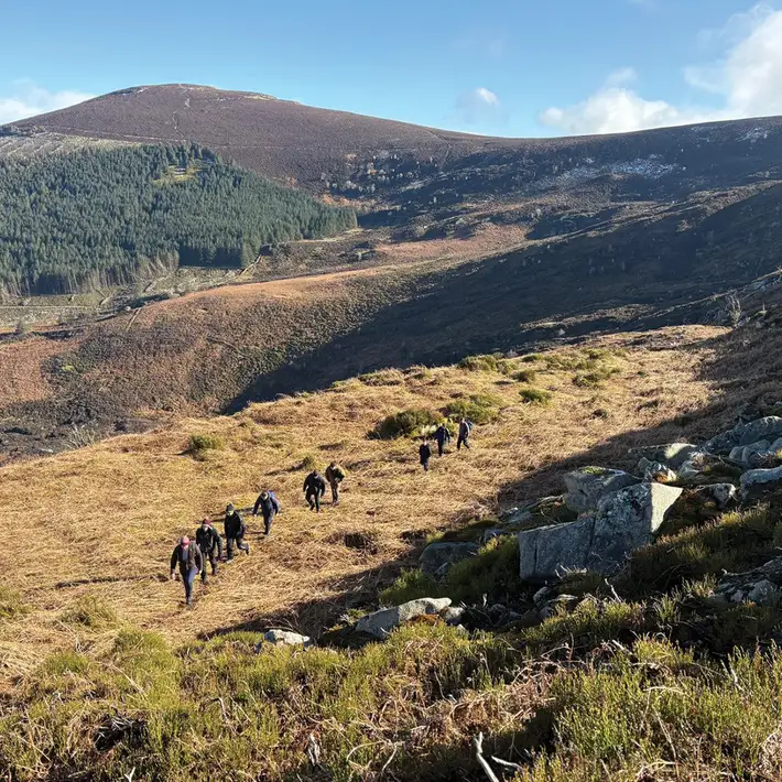 Corporate team hiking in Wicklow Mountains during senior leadership team building offsite in Ireland