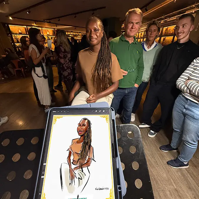corporate event caricature drawing with colleagues watching live digital caricature artist at indoor team building activity Ireland