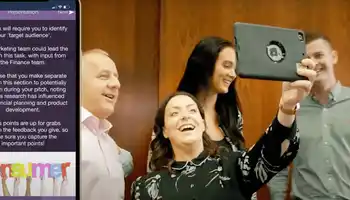 Team presenting their target audience analysis during The Pitch business simulation activity, with app-based tasks