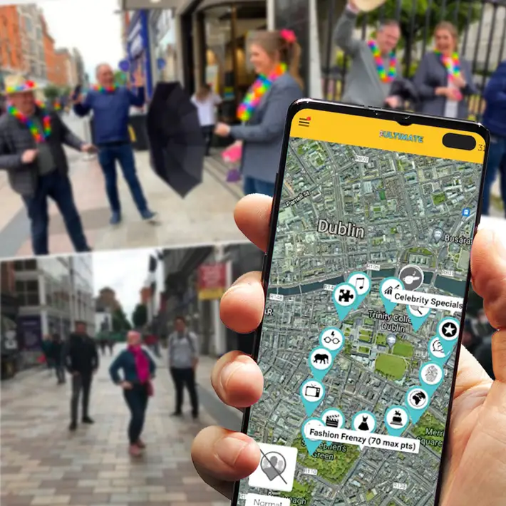Close-up of mobile app map used in a Digital Treasure Hunt team building activity in Dublin, Ireland, with teams completing outdoor challenges.