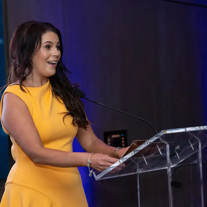 Speaker presenting at the Go-Ahead Ireland Gold Awards during an Awards Night and Gala Dinner at Clayton Hotel Cardiff Lane, Dublin.