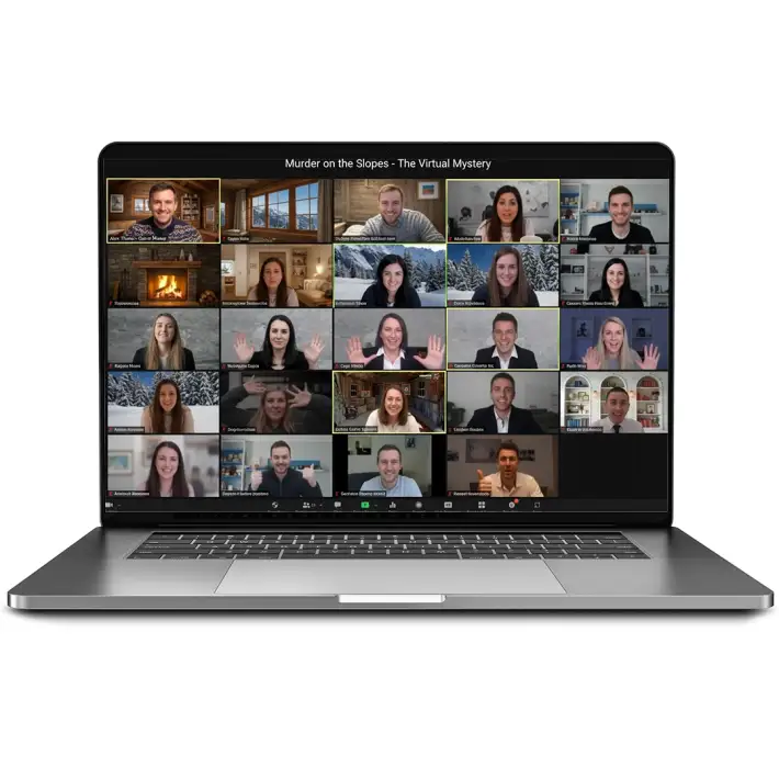 Corporate team taking part in Murder on the Slopes virtual murder mystery team building event over Zoom