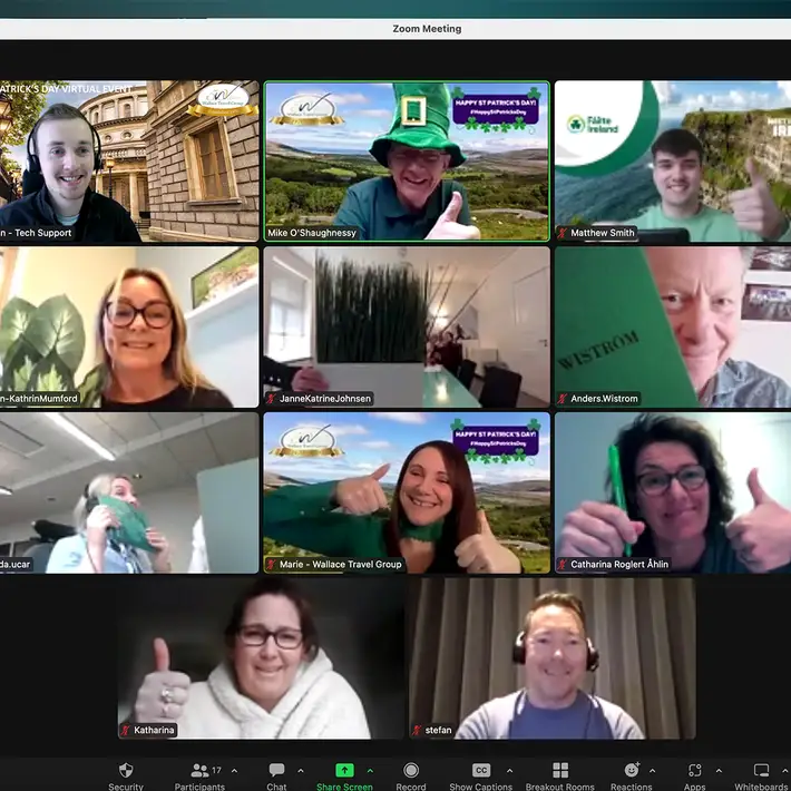 A virtual Irish event hosted by Dynamic Events Ireland, featuring Wallace Travel and international corporate planners. Attendees engage in a lively, interactive session with themed backgrounds and activities.