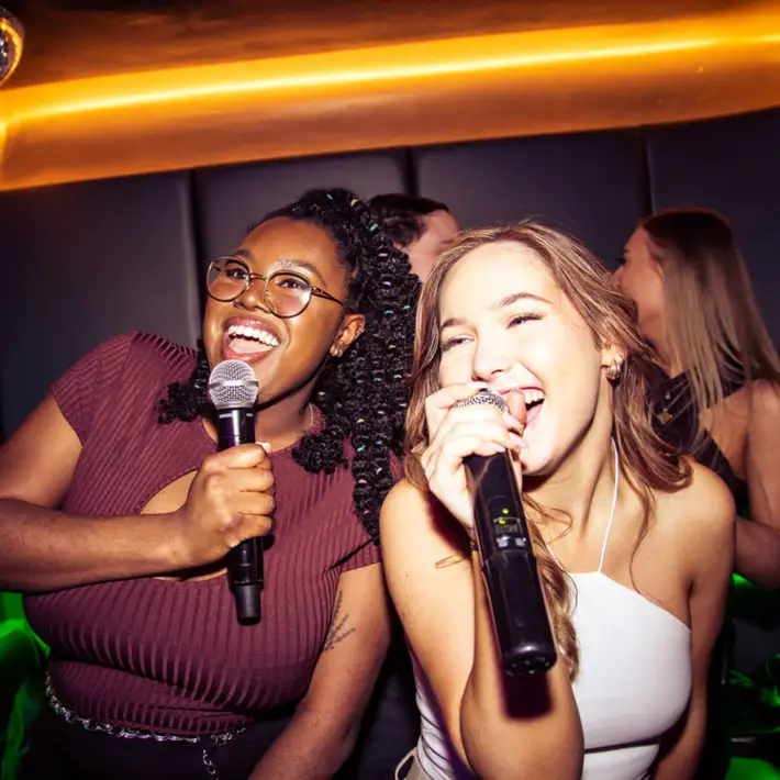 Group laughing and clapping during team building karaoke activity