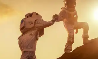 two astronauts helping each other