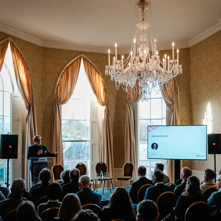 Opening remarks on stage at the Microsoft conference with full audience and conference staging
