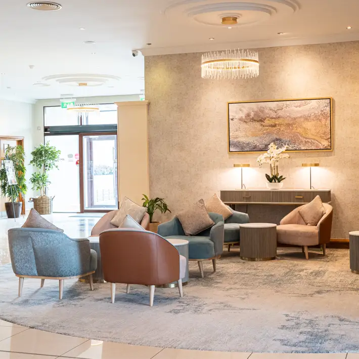 Modern lobby and seating area inside Trim Castle Hotel in County Meath