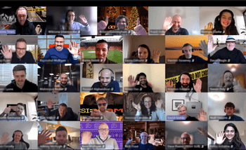 Corporate virtual murder mystery team building event with multiple participants smiling and waving on a video call, ideal for in person and online team activities in Ireland.