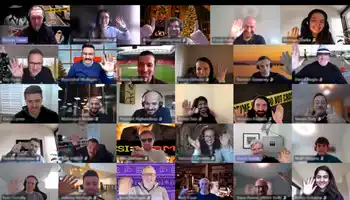 Corporate virtual murder mystery team building event with multiple participants smiling and waving on a video call, ideal for in person and online team activities in Ireland.