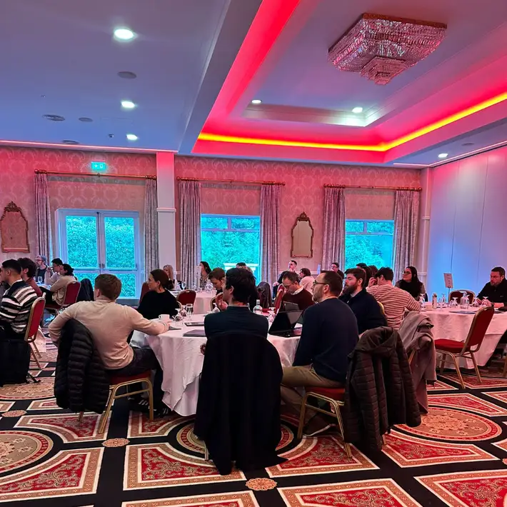 Corporate group taking part in the Manor House Murder indoor team building activity in Ireland.