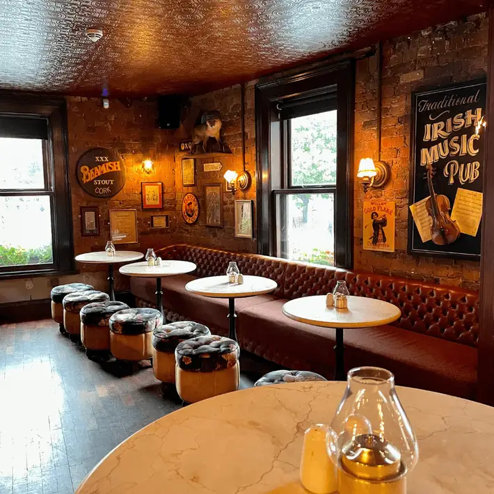 downstairs in the bar with small tables and stools with windows