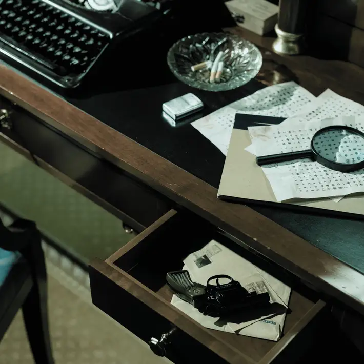 Detective desk with clues for the Manor House Murder corporate team building event.