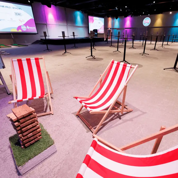 set up before participants arrive with sun chairs and jenga game 