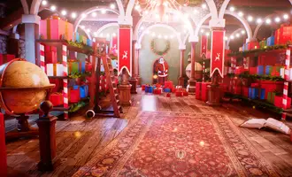 Festively decorated escape room set with wooden floors, colourful gift boxes, warm string lights, and a Santa figure at the centre, creating a vibrant Christmas team building atmosphere.