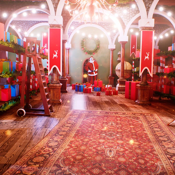Festively decorated escape room set with wooden floors, colourful gift boxes, warm string lights, and a Santa figure at the centre, creating a vibrant Christmas team building atmosphere.