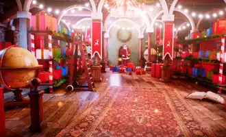 Festively decorated escape room set with wooden floors, colourful gift boxes, warm string lights, and a Santa figure at the centre, creating a vibrant Christmas team building atmosphere.