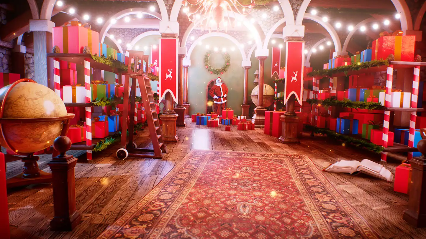 Festively decorated escape room set with wooden floors, colourful gift boxes, warm string lights, and a Santa figure at the centre, creating a vibrant Christmas team building atmosphere.