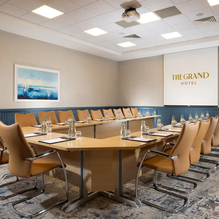 Conference room at The Grand Hotel Malahide Dublin with theatre style seating for corporate events, seminars and company presentations