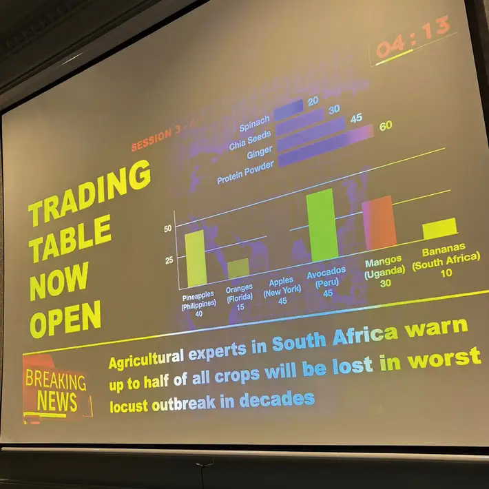 Live trading board during competitive indoor team building activity in Ireland showing market price changes and smoothie ingredients