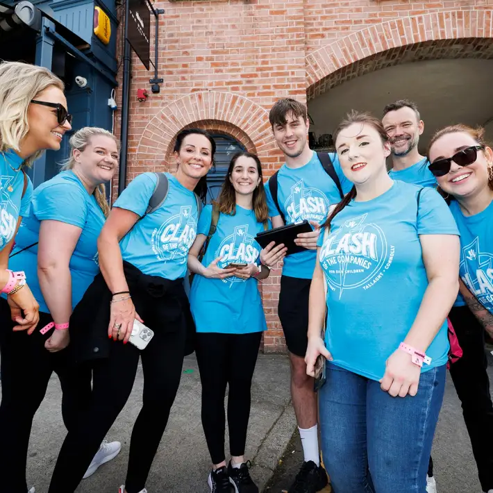 Happy corporate team smiling during a Dynamic Events GPS treasure hunt in Dublin city, part of the Space Survival team building challenge.