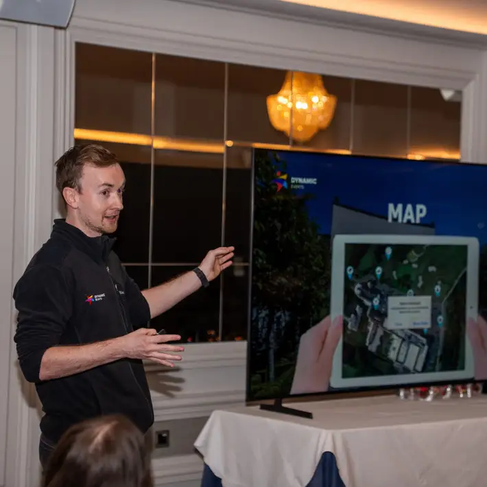Steven briefing the team from a tv 