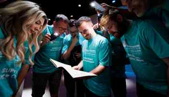 Corporate team building activity in Ireland with colleagues collaborating during a challenge at an indoor event