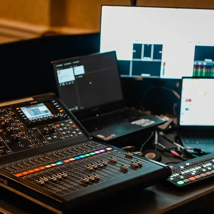 Professional AV control desk and production setup at Microsoft conference in Dublin