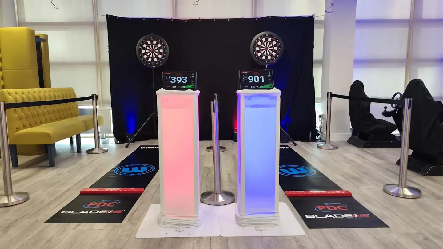 Interactive darts lanes with LED-lit scoring podiums at PrepayPower’s company celebration event in Dublin