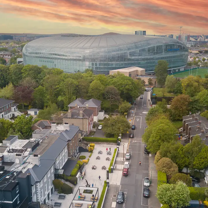 Aerial view of The Sandymount Hotel and Aviva Stadium, highlighting its convenient location for corporate meetings and events in Dublin.