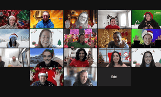 Remote team enjoying a virtual Christmas party on Zoom with festive backgrounds, Santa hats, and holiday decorations