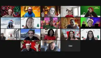Remote team enjoying a virtual Christmas party on Zoom with festive backgrounds, Santa hats, and holiday decorations