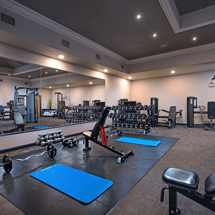 Modern gym facility featuring free weights, exercise machines, and blue workout mats in a spacious, mirrored room | Plan your Corporate Team-Building at Kilmurry Lodge Hotel | Dynamic Events 