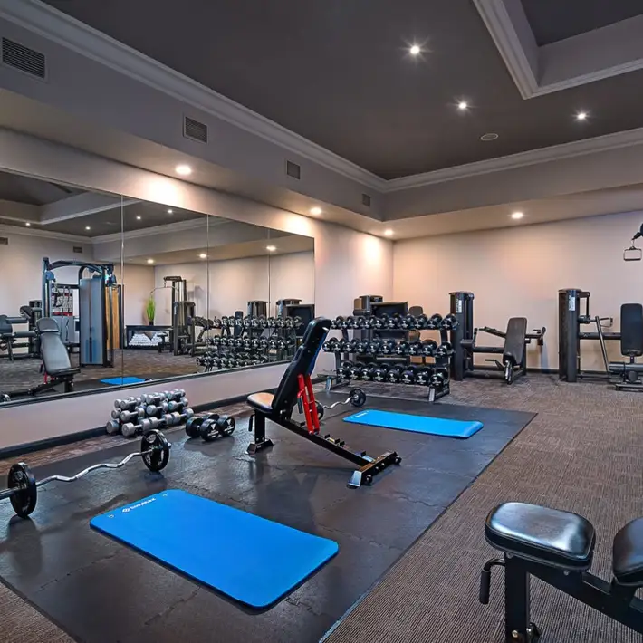 Modern gym facility featuring free weights, exercise machines, and blue workout mats in a spacious, mirrored room | Plan your Corporate Team-Building at Kilmurry Lodge Hotel | Dynamic Events 
