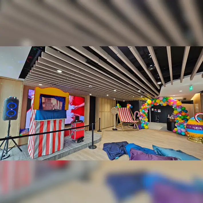 puppet show and bean bag entrance 