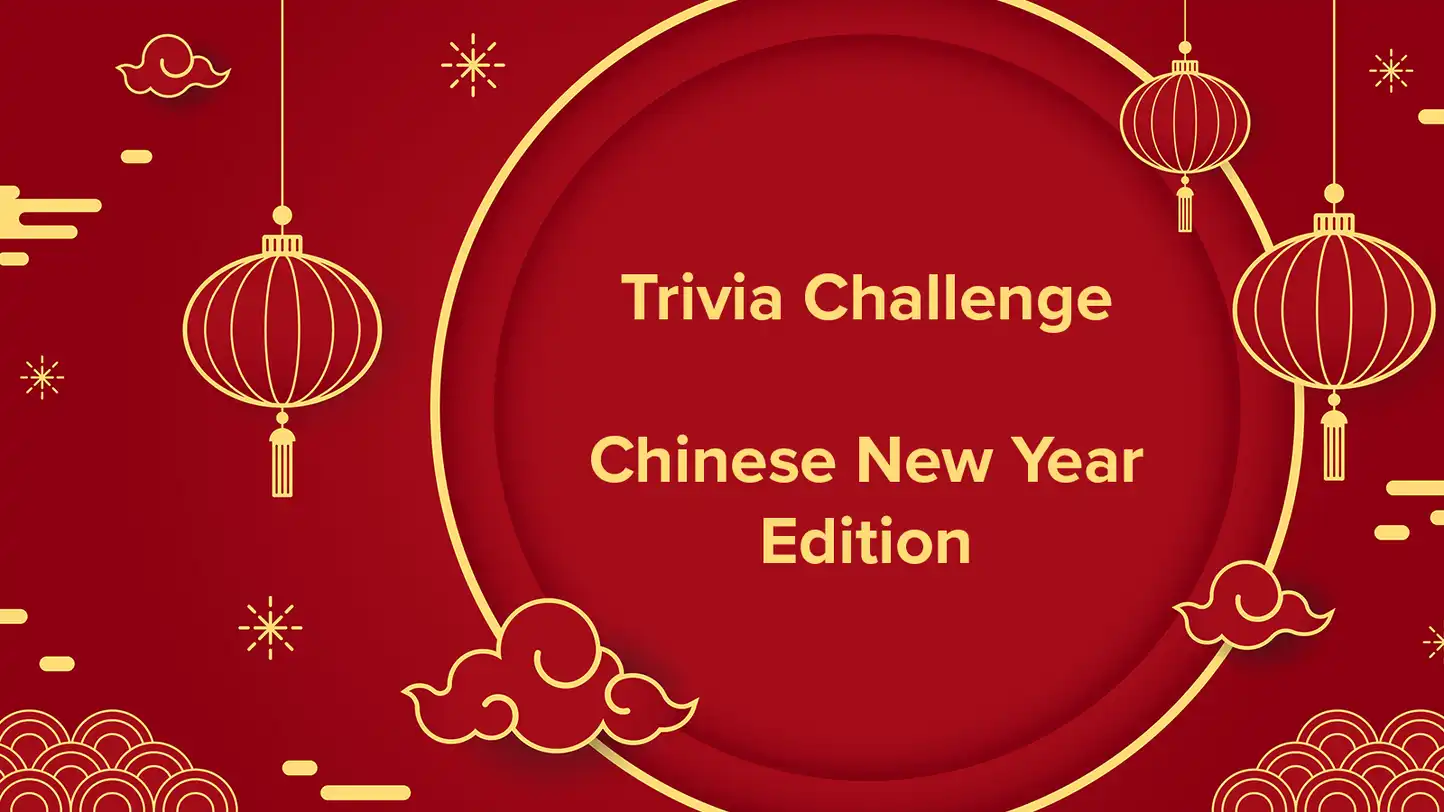 Trivia Challenge Chinese New Year Edition virtual team building activity graphic with red background, gold lanterns and festive design
