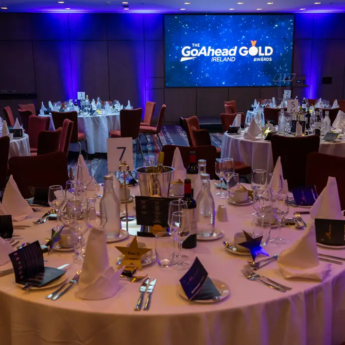Awards Night and Gala Dinner room setup for the Go-Ahead Ireland Gold Awards at Clayton Hotel Cardiff Lane, Dublin.